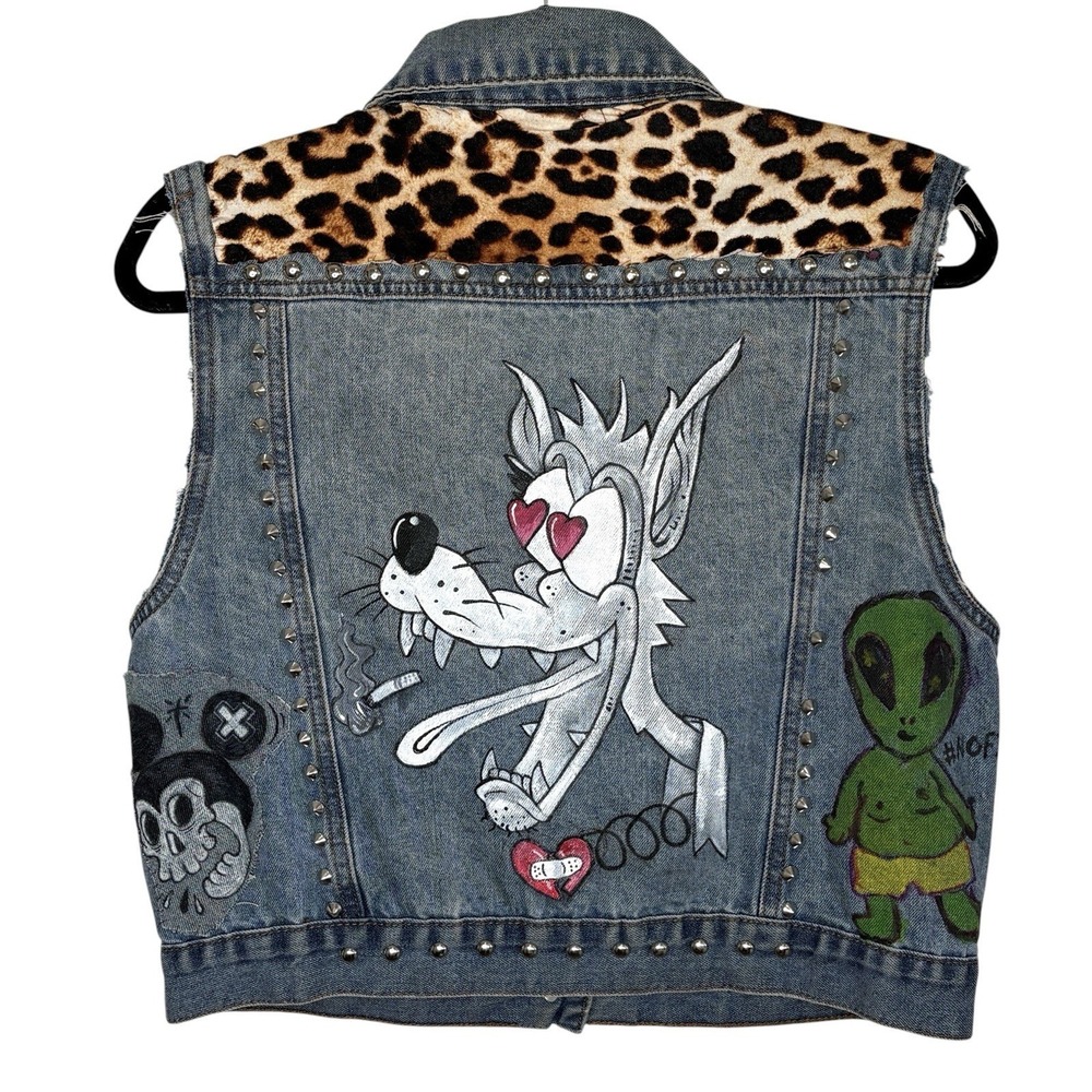 Hand Painted Y2k Punk Studded Denim Battle Vest 8 Grunge Indie Biker Emo Maximal